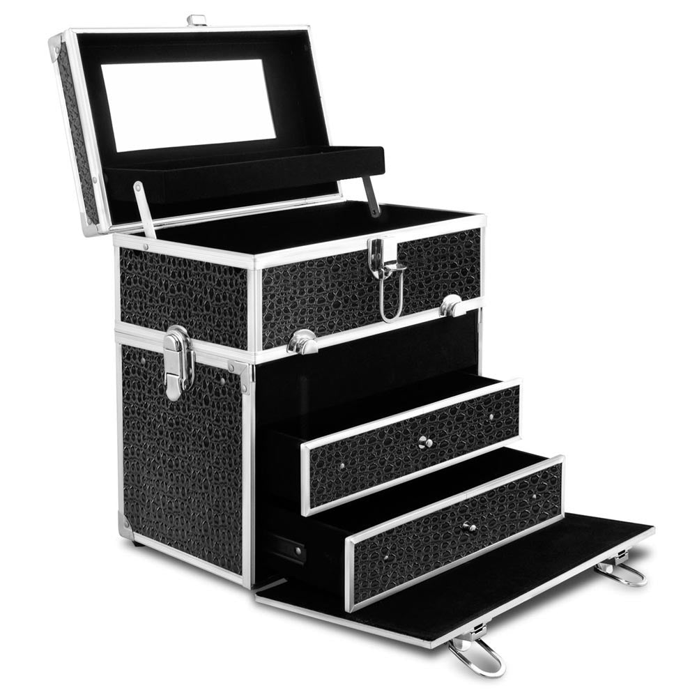 Makeup Carry Case with Mirror - Crocodile Black