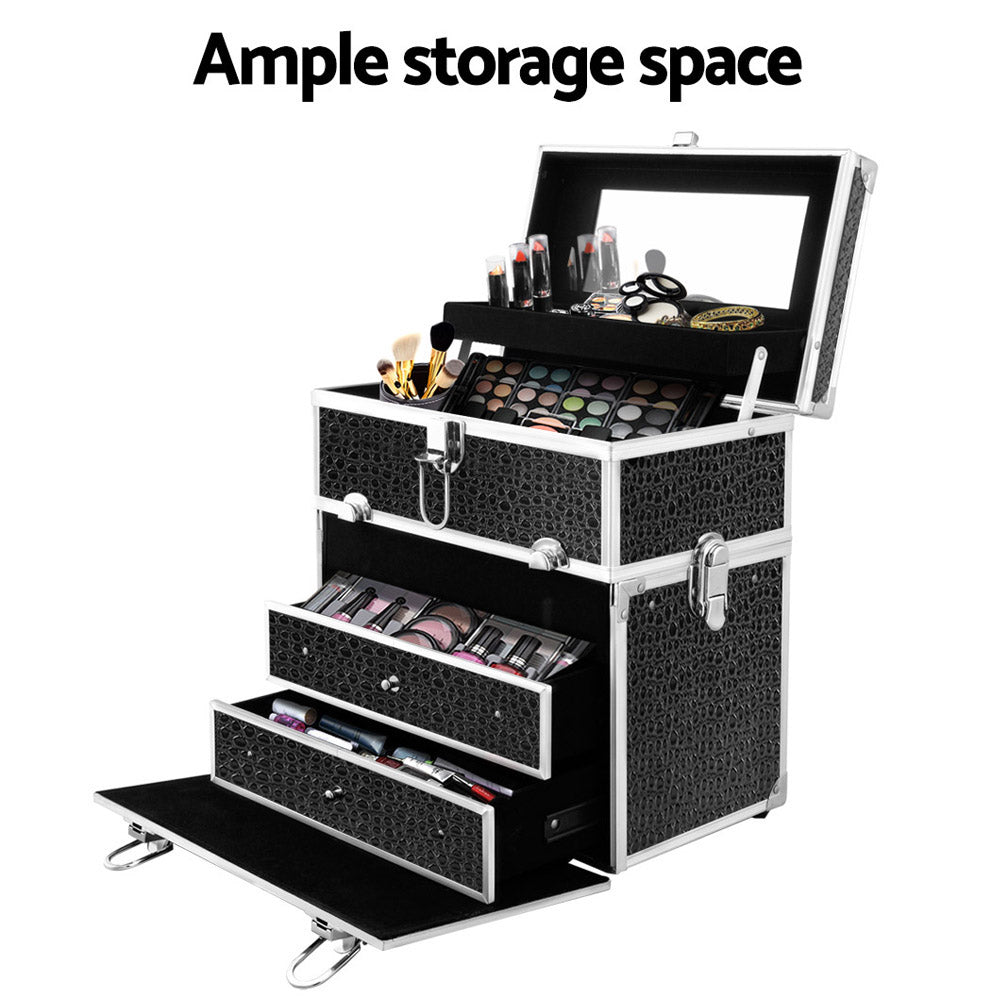 Makeup Carry Case with Mirror - Crocodile Black
