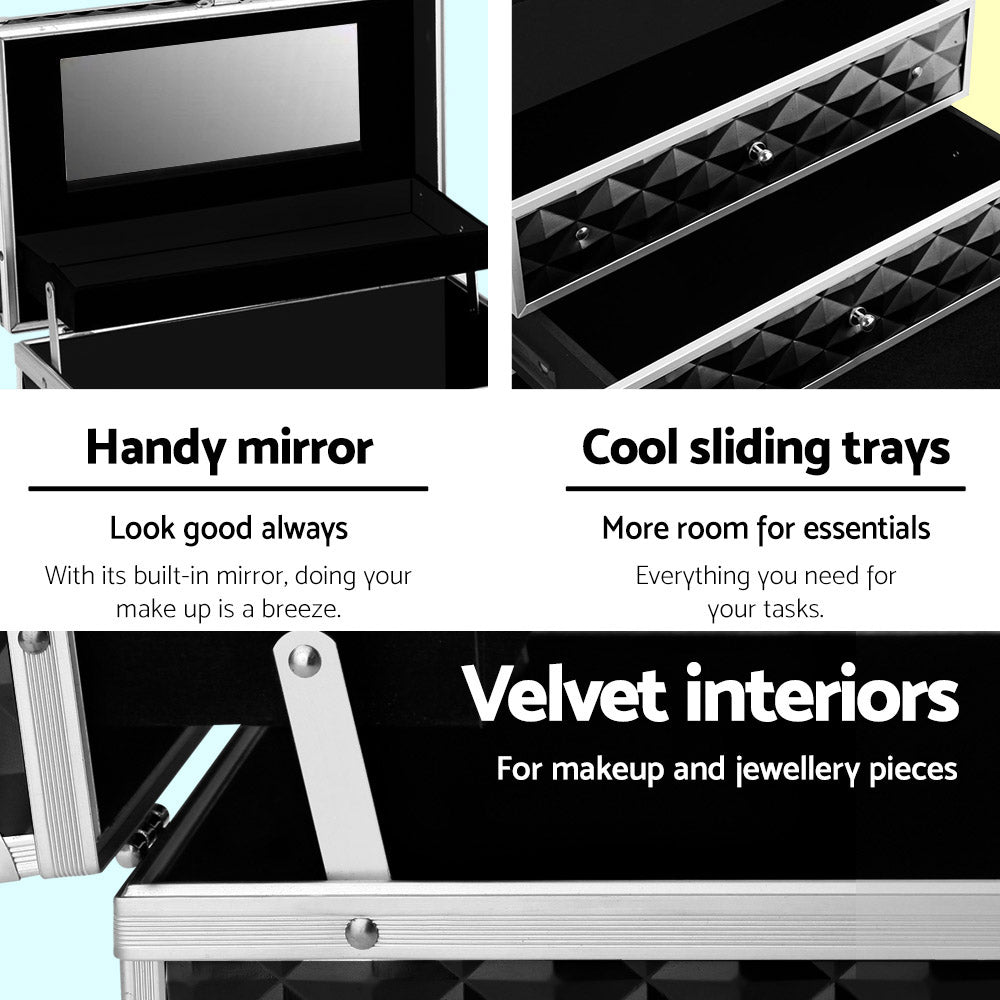 Makeup Carry Case with Mirror - Diamond Black