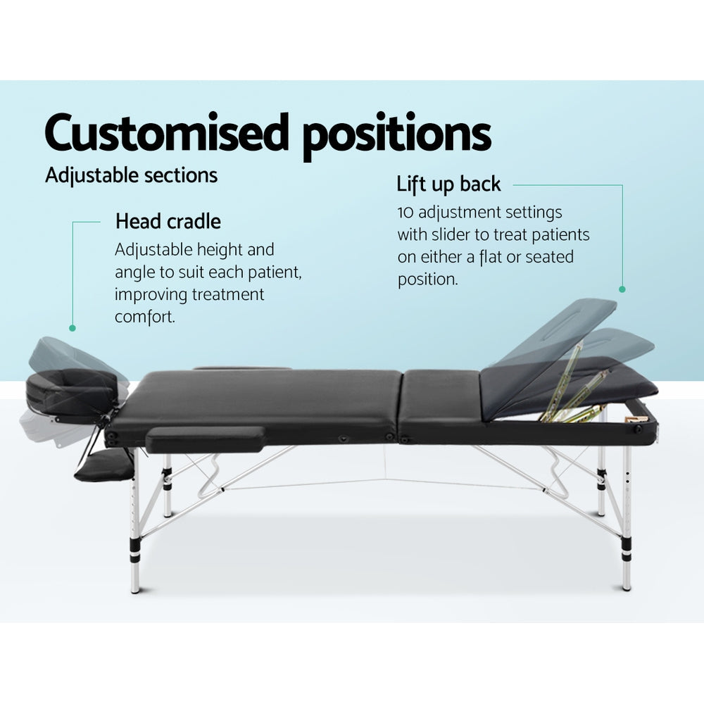 75cm 3-Fold Aluminium Massage Table - Black