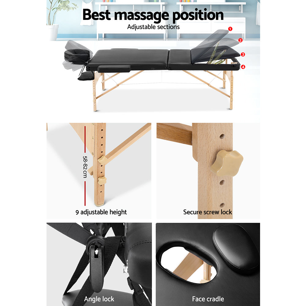 70cm Portable Wooden Massage Table - Black