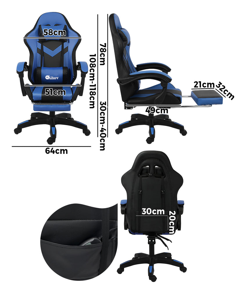 Racing Gaming Chair - 8-Point Massage, Black & Blue