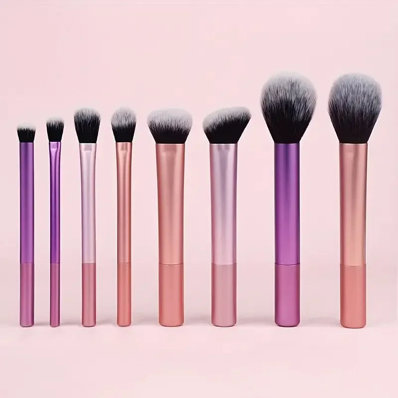 Eight-piece synthetic makeup brush set with wooden handles, laid out in a row