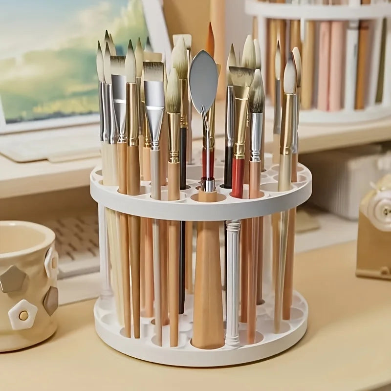 Three-tier rotating white makeup brush holder with divided compartments