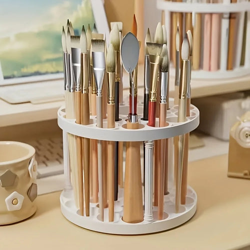 Three-tier rotating white makeup brush holder with divided compartments