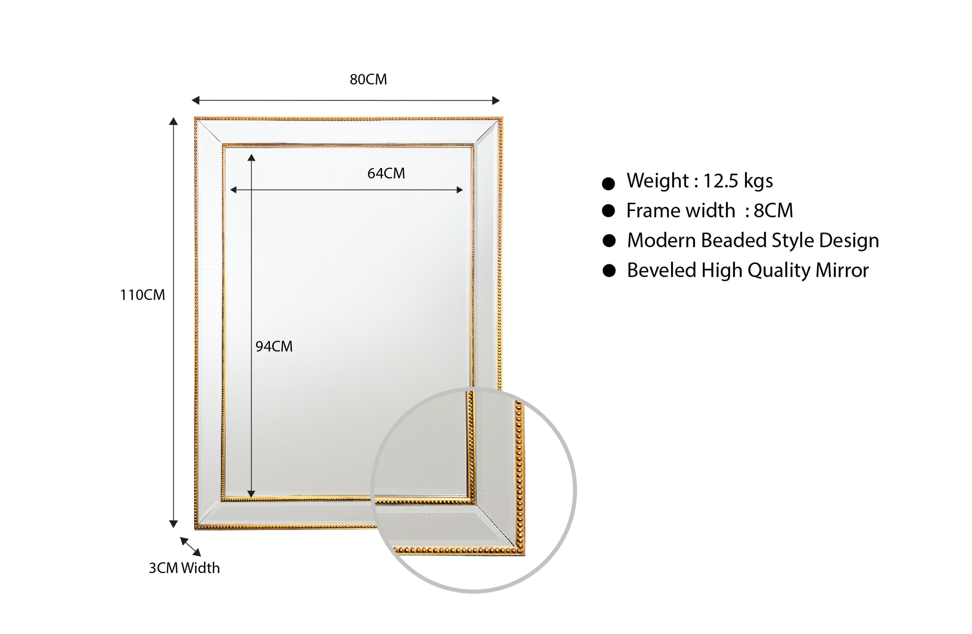 Gold Beaded Framed Mirror 80x110cm