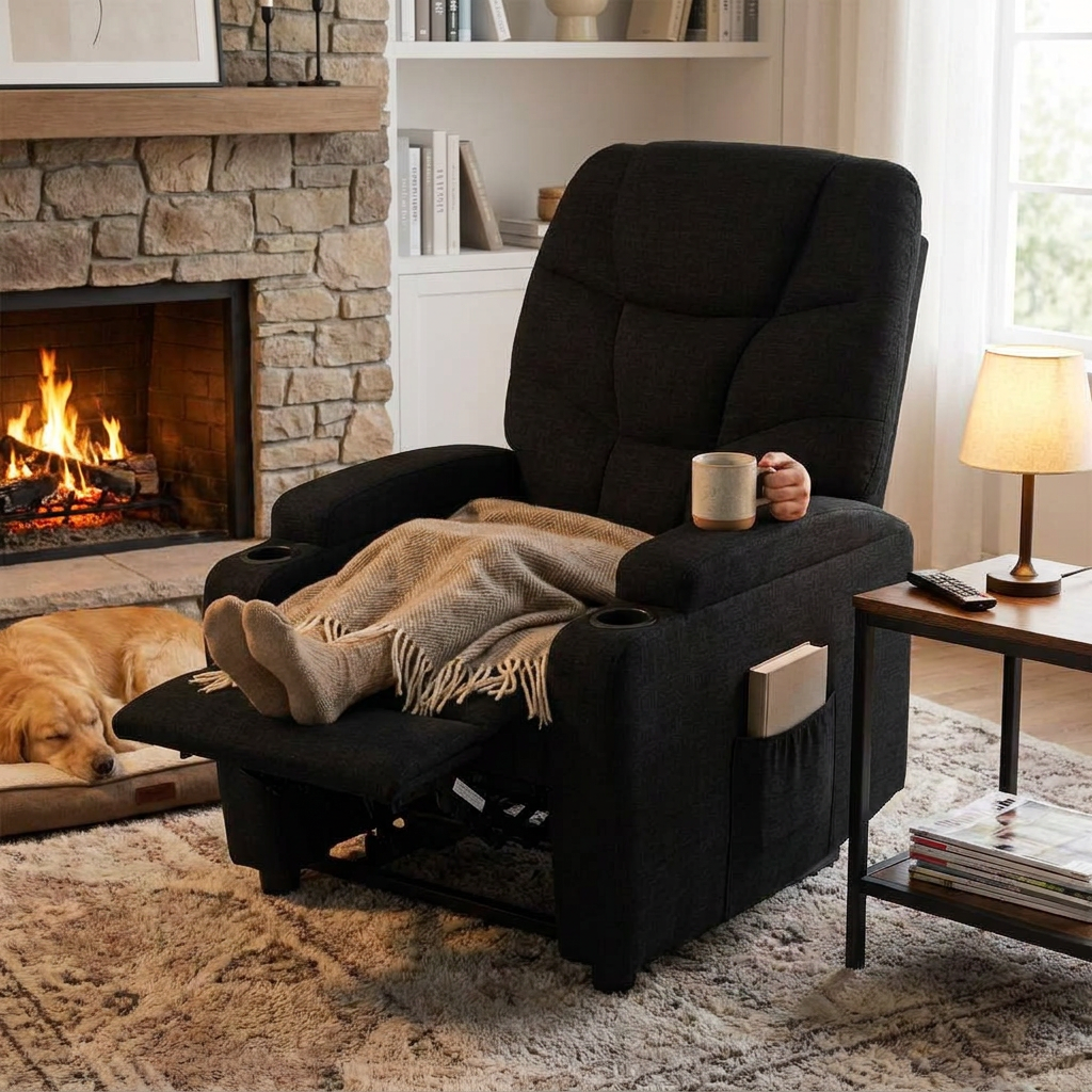 Electric Stand up Massage Recliner Black Fabric lifestyle