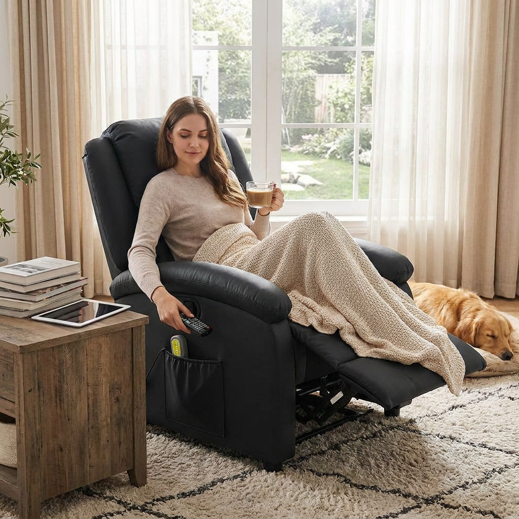 Massage Recliner Chair Black Real Leather lifestyle