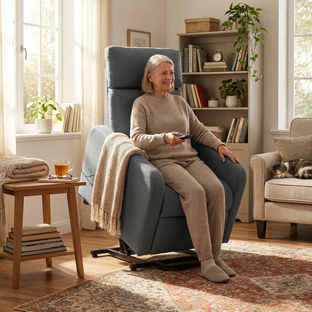 Stand up Massage Recliner Dark Grey Fabric lifestyle