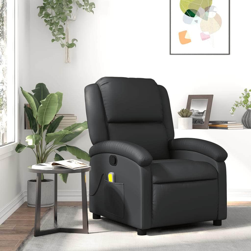 Massage Recliner Chair - Black Real Leather